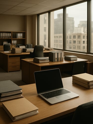 Wide-angle view of a professional financial office interior, natural daylight filtering through large windows onto an empty desk with organized folders and a laptop, clean institutional environment, no people present, warm neutral tones