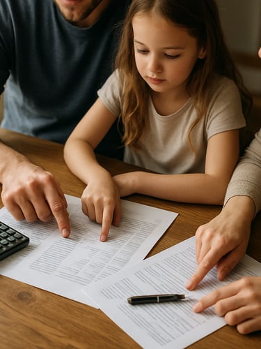 Overhead desk shot of a family sitting at a wooden table reviewing printed financial documents, natural daylight from a side window, a calculator and pen visible on the papers, hands pointing at figures on a statement