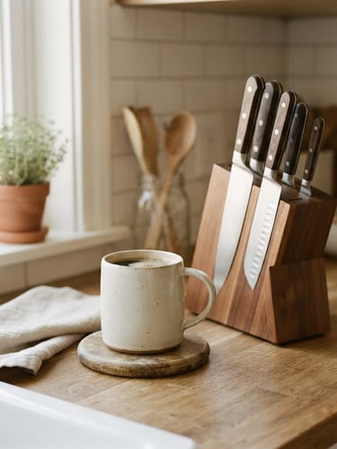 Warm editorial photography of an organized kitchen countertop in soft natural daylight, a single ceramic mug and a wooden knife block, muted neutral tones, shallow depth of field