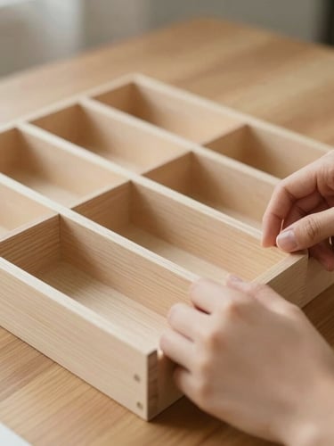 Warm editorial close-up of hands arranging minimalist wooden desk organizers on an oak table, soft natural side light, shallow depth of field.