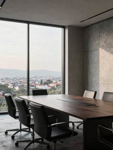 Minimalist interior of a premium corporate boardroom, concrete walls, large window showing Querétaro landscape, soft morning light.