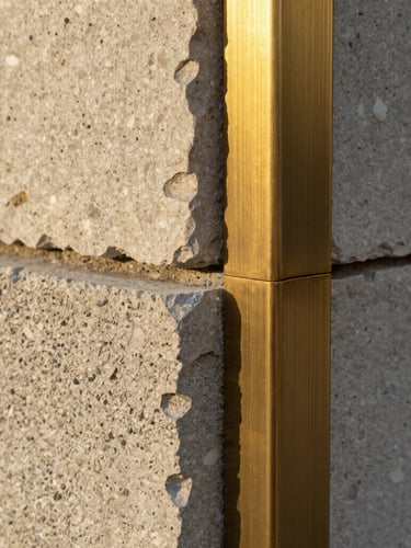 Macro detail of raw travertine stone and textured concrete meeting a brushed brass joint, soft golden hour lighting, architectural material study.
