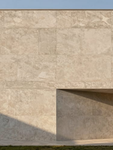 Wide architectural elevation of a modern concrete and travertine building facade in Querétaro, soft golden hour sunlight casting long shadows, minimalist geometry.