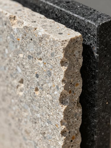 Macro close-up of premium building materials, textured raw travertine stone stacked next to smooth dark basalt, soft natural side lighting highlighting the textures.