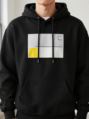 Medium close-up of a person wearing a premium black hoodie with a minimalist graphic print, standing in a bright Toronto loft with soft daylight, 50mm lens