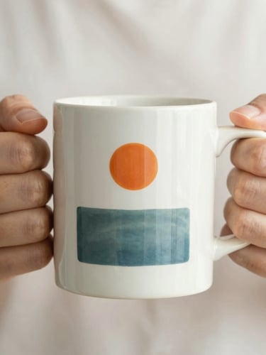 Detailed close-up of a custom ceramic mug held in hands, sharp print detail of a minimalist graphic, bright neutral background.