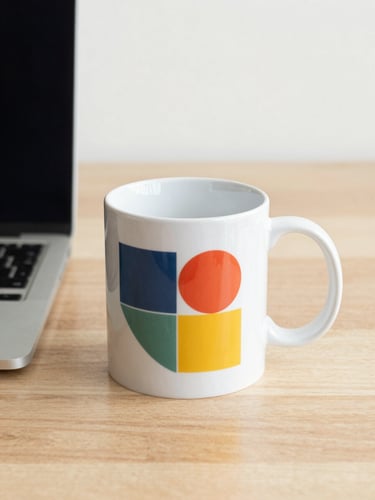 A custom printed ceramic mug on a wooden desk next to a laptop, soft morning light, sharp graphic details, clean aesthetic
