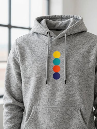 Close-up of a person wearing a premium textured gray hoodie in a bright Toronto loft, soft indirect daylight, showing sharp print detail.