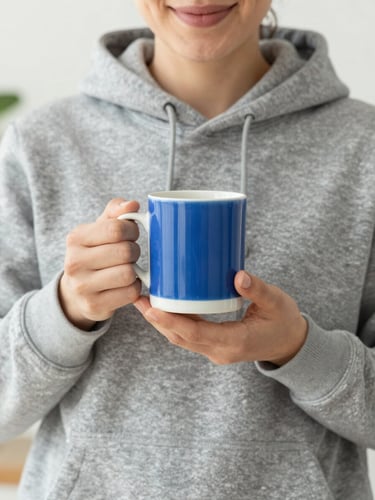 A close-up of a person smiling, wearing a high-quality custom printed gray hoodie, holding a ceramic mug with a vibrant blue design, soft natural daylight, 50mm lens