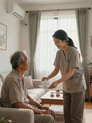 Soft morning light illuminating a comfortable, clean shared living room in Kuching, a caregiver gently serving tea to an elderly resident, warm domestic atmosphere.