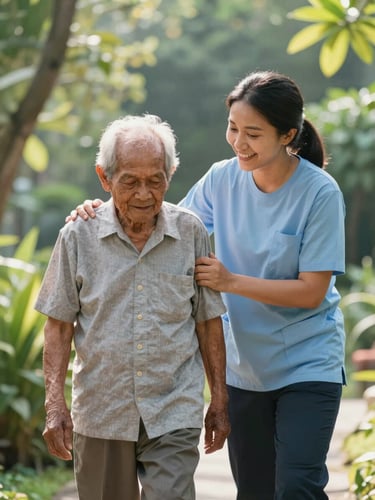 Candid medium shot of a cheerful Sarawakian caregiver gently assisting an elderly resident walking in a sunlit garden, soft morning daylight, lush green foliage in the background, warm and natural atmosphere.