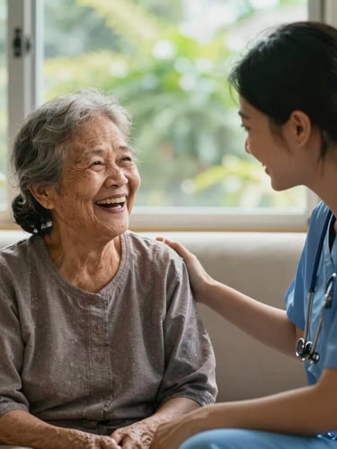 Candid eye-level medium shot of an elderly Malaysian grandmother laughing warmly with a young female caregiver in a sunlit living room, soft morning daylight, natural green foliage visible outside the window.