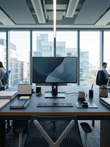 Symmetrical wide shot of a clean, modern corporate office desk with organized documents, cool blue and slate tones, natural light, sharp focus, 35mm
