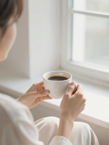 A person relaxing on a bright morning, sipping coffee near a sunlit window, clean minimalist setting, soft desaturated tones, shallow depth of field.