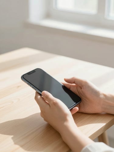 Close-up of calm hands holding a smartphone on a clean wooden desk, bright morning daylight, airy minimalist space