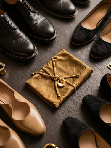 Crisp product flat-lay of premium footwear and accessories on a dark textured surface, warm studio spotlight highlighting fabric textures and gold accents, 35mm