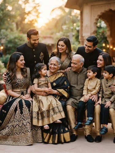 Warm environmental portrait of a multi-generational Indian family in elegant coordinated gold and black attire, soft golden-hour natural light, shallow depth of field, 35mm