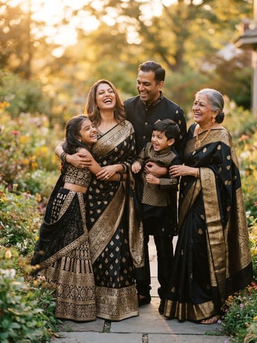 Warm editorial portrait of a modern Indian family laughing together in coordinated golden and black festive attire, soft golden-hour natural light, 35mm