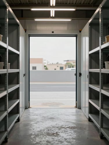 Straight-on interior shot of an open storage unit in Dubai Investment Park — metal shelving on both side walls, clean concrete floor, industrial strip lighting overhead, unit door rolled fully open, no people, overcast daylight from the corridor, sharp documentary framing
