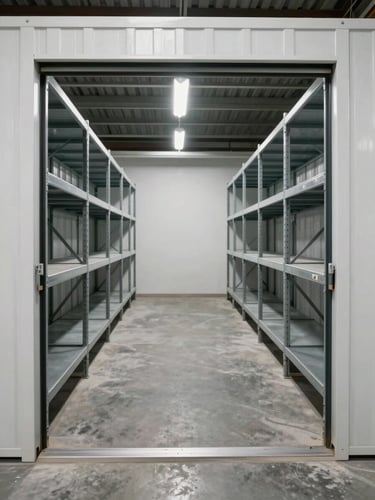 Wide straight-on interior of an open self-storage unit in a Dubai warehouse, metal shelving units lining both sides, concrete floor, bright practical overhead lighting, unit door fully open, no staging or personal items — clean and ready for move-in