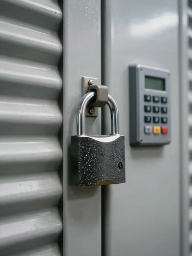 Close-up of a heavy-duty padlock on a corrugated steel storage unit door, an access-control keypad mounted on the wall beside it, practical interior fluorescent lighting, straight-on documentary framing, no people