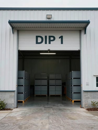Straight-on exterior view of the DIP 1 warehouse building entrance, a large rolling shutter door open revealing stacked units inside, overcast daylight, concrete ground and metal cladding, no people, documentary framing