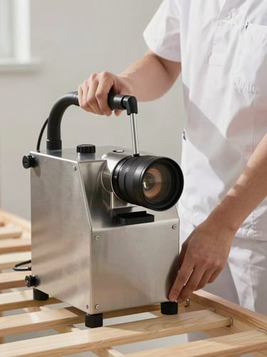 Professional technician in a clean white uniform using a modern stainless steel steam machine on a wooden bed frame, bright natural light, clinical hygiene.
