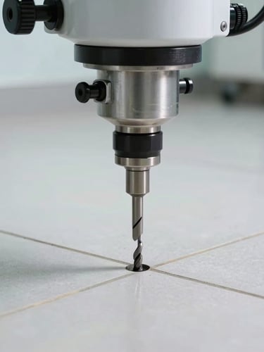 Close-up of technical drilling machinery making precise 12mm holes in floor joints for chemical injection, pristine clean modern tiled floor, clinical lighting