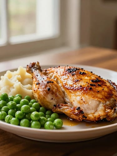 Eye-level medium shot of a golden-brown roasted chicken breast with mashed potatoes and bright green peas on a warm ceramic plate, bathed in soft Florida afternoon window light.