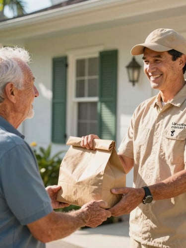 A friendly delivery driver in a warm climate uniform handing a fresh meal package to a smiling senior on a sunny Florida front porch, bright natural sunshine.