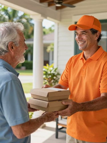 A friendly delivery driver in a warm orange polo shirt handing a neatly packed meal box to a smiling older gentleman on a sunny Florida porch, bright natural light.