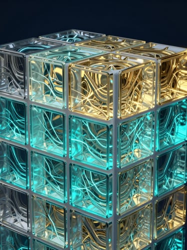 Ultra-realistic 3D render of structured glass blocks with glowing electric cyan light paths reflecting off gold metallic grids, dark midnight blue background, octane render