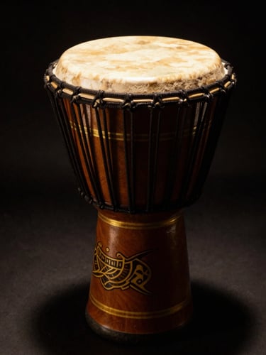 A close-up of a traditional gold-accented Atumpan talking drum in dramatic low-key lighting, rich black background, museum-quality presentation