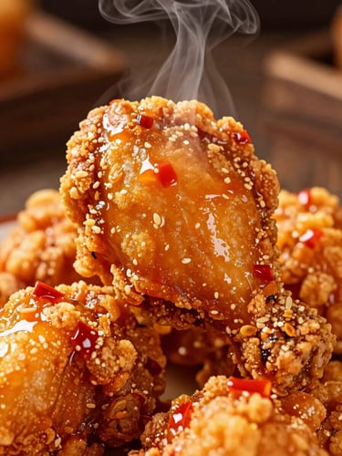 Extreme close-up macro shot of crispy golden fried chicken with glistening red chili oil, steam rising, dark rustic background, cinematic warm lighting