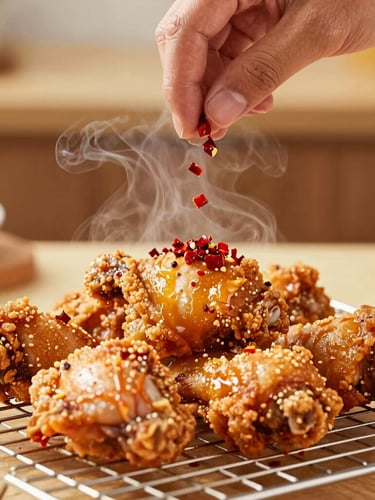 A chef's hand sprinkling fresh red chili flakes onto freshly fried golden-brown chicken thighs on a metal cooling rack, steam rising, warm kitchen background