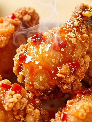 Extreme close-up macro shot of freshly fried chicken showing crispy golden-brown skin, glistening chili oil, and steam rising, warm high-contrast lighting