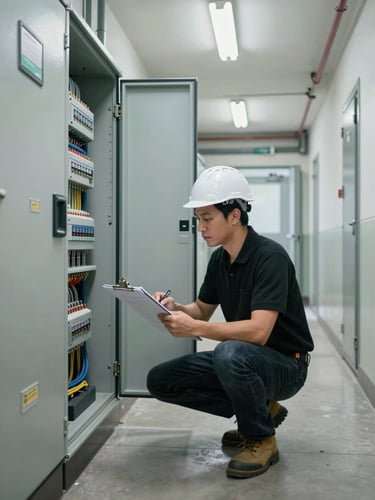 Wide shot looking along a residential building mechanical room corridor, a technician in black polo, dark jeans, white hard hat and safety boots crouching beside an open electrical panel, clipboard with inspection sheet in hand, practical overhead fluorescent lighting, organized labeled cable runs visible in background