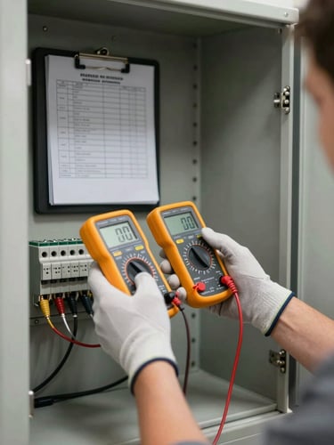 Close-up medium shot of a technician's gloved hands holding a digital multimeter against a labeled terminal block inside an open electrical panel, inspection checklist sheet clipped to a board visible in background, practical site lighting from above, residential building mechanical room context