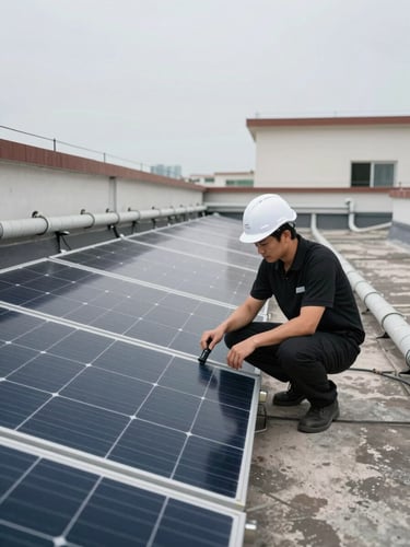 Wide interior shot of a residential building rooftop, technician in black polo and white hard hat crouching beside a newly installed solar panel array, electrical conduit runs organized along parapet wall, overcast practical daylight, no dramatic shadows
