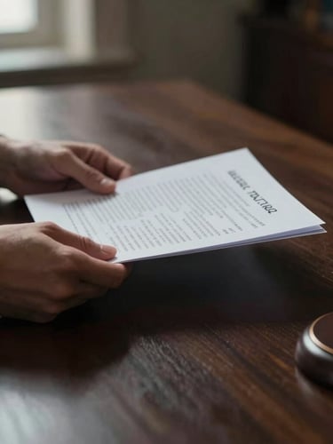 Cinematic editorial photography of hands reviewing official legal documents on a dark wooden desk, soft side light, shallow depth of field, warm bronze accents, 50mm lens