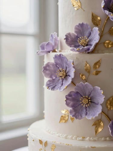 Elegant close-up of a multi-tiered luxury wedding cake decorated with delicate handmade sugar flowers in soft lavender and brushed gold leaf, soft natural window light, shallow depth of field.