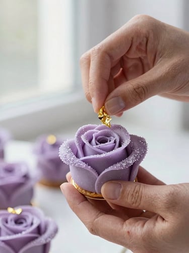 Macro editorial food photography of a pastry chef's hands delicately applying edible gold leaf to a lavender sugar rose, soft natural window lighting, shallow depth of field