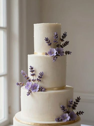Elegant portrait of a multi-tiered luxury wedding cake adorned with intricate lavender sugar flowers, set against a soft neutral background, illuminated by gentle natural window light, shallow depth of field, 85mm lens.