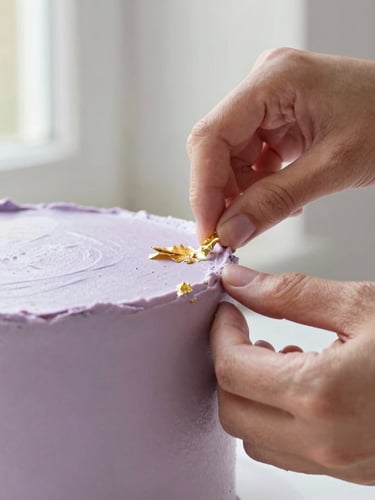 Close-up editorial food photography of artisan hands delicately applying fine gold leaf to a soft lavender frosted cake tier, warm natural light, 85mm lens