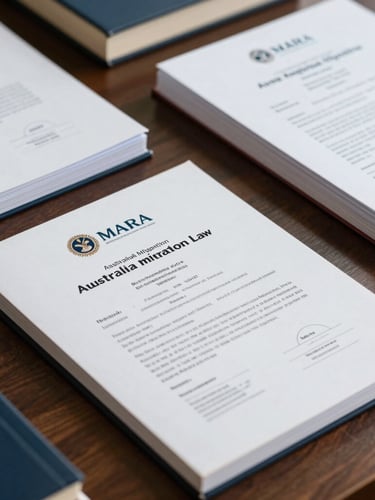 A close-up of structured Australian migration law books and official MARA certificates on a dark timber desk, soft side lighting, professional and scholarly atmosphere