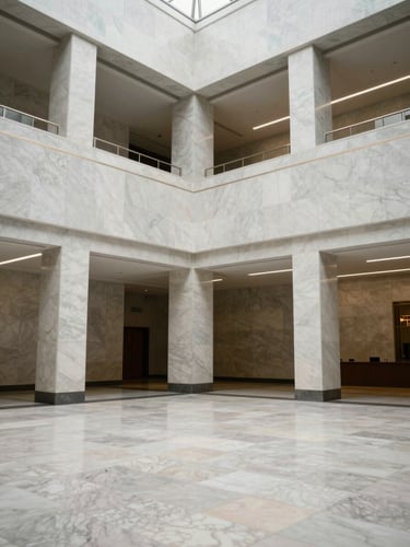 Wide-angle environmental shot of a modern Australian civic building interior, featuring clean architectural lines, marble textures, and neutral daylight, representing institutional authority.
