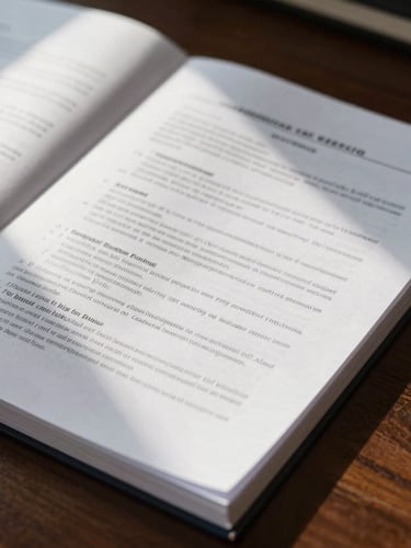 Close-up of structured legal documents and case files on a dark oak desk, bright natural daylight streaming across the pages, conveying transparency and rigorous legal preparation.