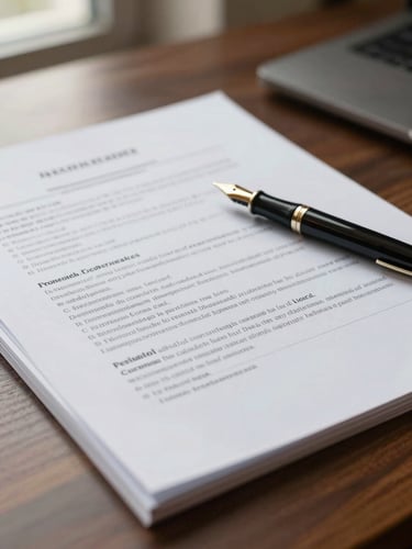 Close-up of structured legal documents and a fountain pen on a dark wooden desk, soft natural window light, shallow depth of field, professional and authoritative atmosphere