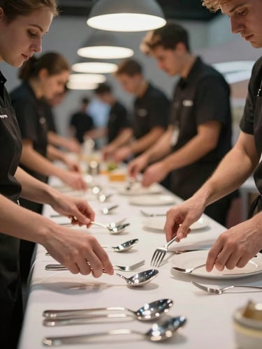 Close environmental shot of a catering station being arranged at an expo, hands placing polished silverware on a draped table, soft tungsten light from overhead event fixtures, shallow depth of field on the utensils, background showing coordinated team members in dark uniforms moving through the space