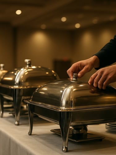 Wide portrait frame, right edge bleeding to canvas: a catering station mid-setup at a corporate expo hall, polished stainless trays arranged on a linen-covered table, soft tungsten ambient light from overhead, team member's hands adjusting a serving cover in the foreground, clean negative space on the left side of the frame